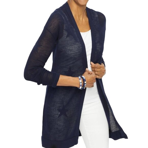 Talbots Open Front Cardigan Navy Sustainable Cotton Tone On Tone Stars Size P/S - Picture 1 of 7